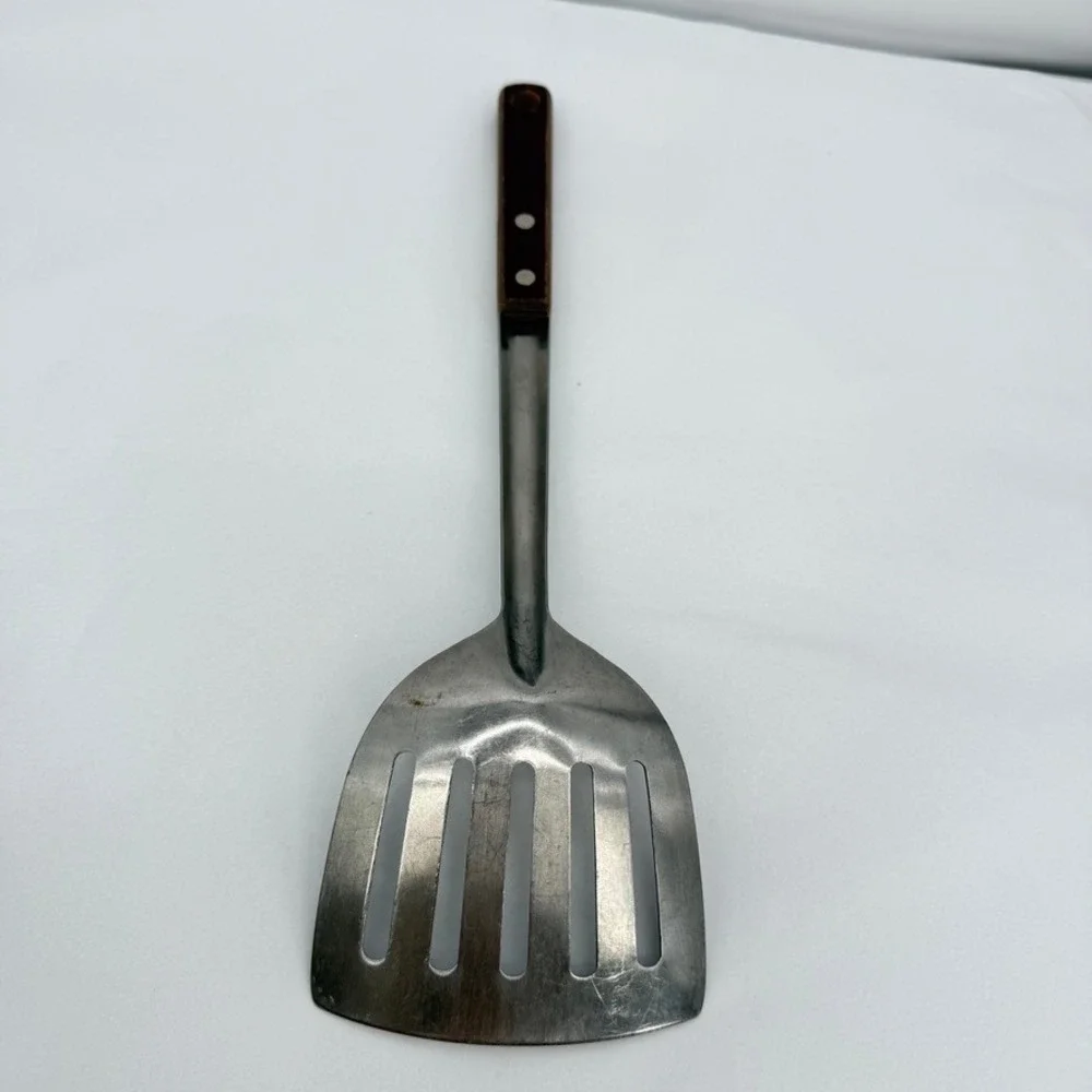 Stainless Steel VTG Curved Spatula Slotted Wood Handle Kitchen Tool 12.5